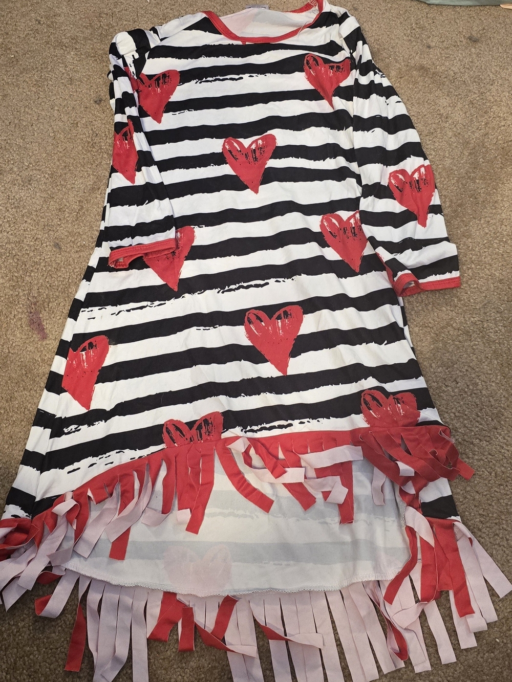 Girls' Black & White Stripe Dress with Red Heart Print